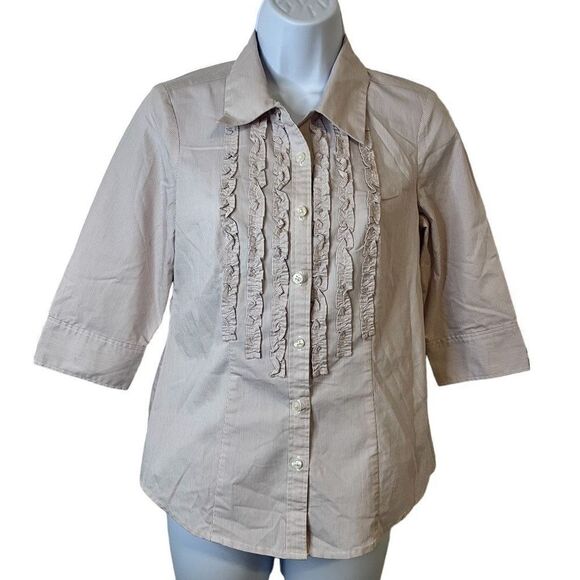 Ann Taylor Factory Petite Striped 3/4 Sleeve Ruffle Front Blouse Size 0P - Picture 1 of 7